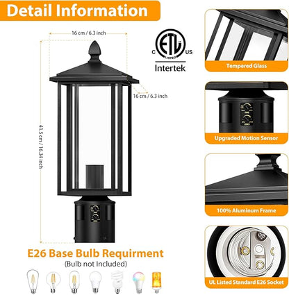17" Motion Sensor Outdoor Post Lights, Dusk to Dawn Lamp Post Light Fixture with Tempered Glass, Waterproof Aluminum Pole Lights, Outside Lamp Posts Outdoor Lighting for Garden Yard Pathway (2-Pack)