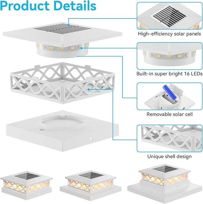 6 Packs Solar Post Cap Lights for Fence and Deck – Auto On/Off Outdoor Lighting, 2 Color Modes with 16 LEDs, Fits 4x4 5x5 6x6 Posts (White)