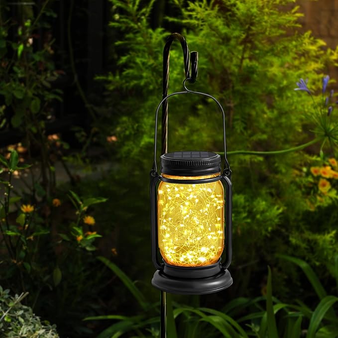 4 Pack Hanging Solar Lantern Lights,Vintage Glass Mason Jar Solar Fairy Lights, Birthday Mothers Day Gifts for Woman Mom Grandmom,Outdoor Decorative Waterproof Table Lamp for Yard Lawn Tree