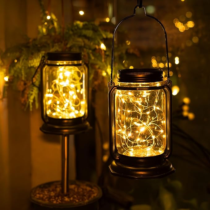 Solar Mason Jar Lights,2 Pack 30 Led Starry Fairy String Hanging Mason Jar Lantern Lights,Solar Lanterns for Outdoor Patio Party Garden Yard Wedding Decor (Mason Jars/Handles Included)