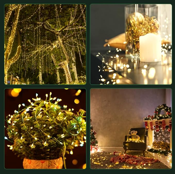 2Pack Outdoor Fairy Lights Battery Operated,10Feet 100LED Green Copper Wire Cluster Lights with 8 Modes and Timer,Twinkle String Lights, Mini Lights for Christmas Tree Wreath Wedding,Warm White