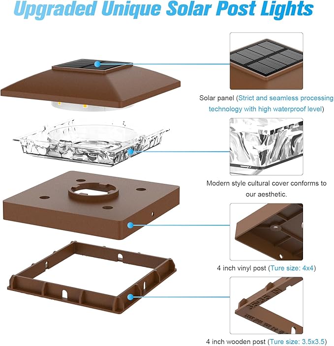 VOLISUN 4x4 Solar Post Cap Light 8pack,Solar Fence - Post Lights Brown Outdoor Waterproof for Wooden/Vinyl Post, with Warm White for Deck