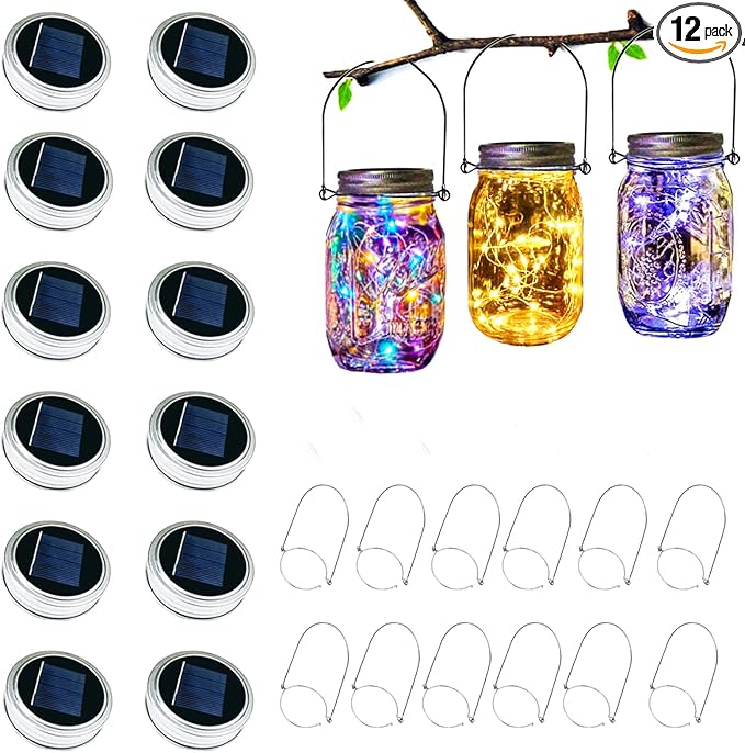 Upgraded Solar Mason Jar Lighs Warm White 12 Pack of 30 LED String Firefly Mason Jar lid Lights, Including 12 Hangers (Excluding Jars), Best for, Terrace Garden Decoration