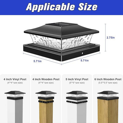 APONUO Solar Post Cap Lights 6 Pack for 4x4 5x5 6x6 Wood & Vinyl Fences - IP65 Waterproof, All-Night Auto On/Off, Warm/Cool White Light, Outdoor Deck Patio Garden (Black)