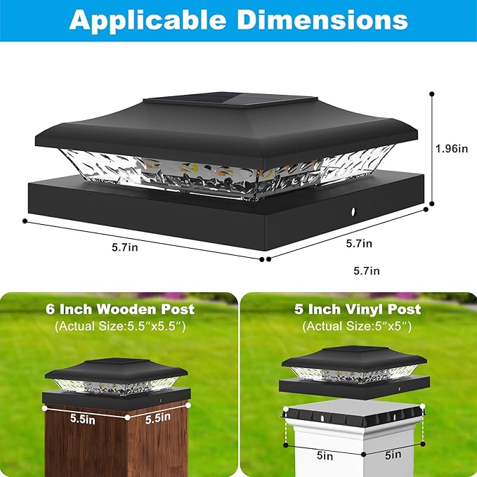 12 Pack Solar Post Cap Lights Outdoor, 2 Modes (Warm/White Light) Black Fence Post Solar Powered Lights Waterproof for 5x5, 5.5x5.5, 6x6 Wooden/Vinyl Posts Decorate Garden Deck Patio Porch