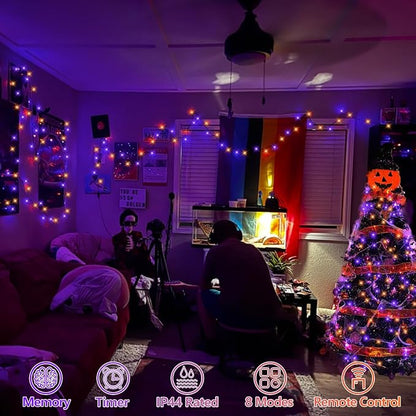 YEGUO Halloween Lights Battery Operated, 2 Pack Each 33ft 100 LED Orange and Purple String Lights Outdoor Waterproof, Green Wire Fairy Christmas Light Indoor with Remote