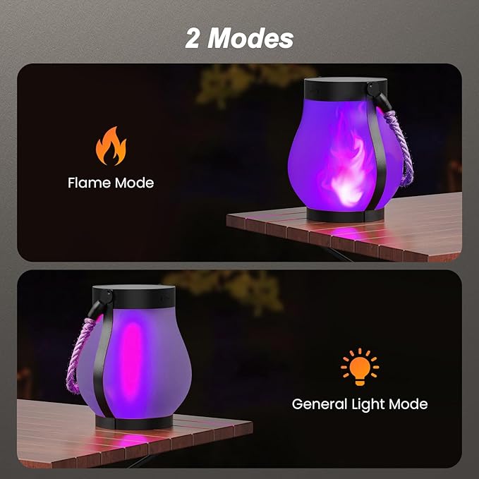Hompavo Gen2 Solar Lanterns Outdoor with Ultra-Real Flame, Dual Charging (USB/Solar) & 2 Modes - Waterproof Decorative Hanging/Table Lights for Patio Garden Halloween Decorations, 2/Purple