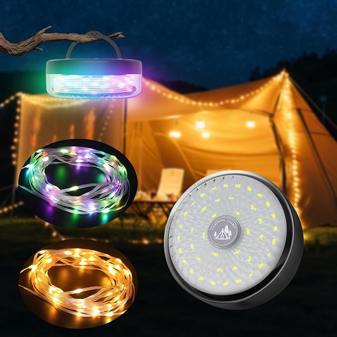 Camping String Lights 32.8FT, 2 in 1 Outdoor Camping Lantern with 14 Lighting Modes, 30s Recovery, IP44 Waterproof, 4000mAh Battery, Portable Camping Lights for Camping, Yard, Festival Decor