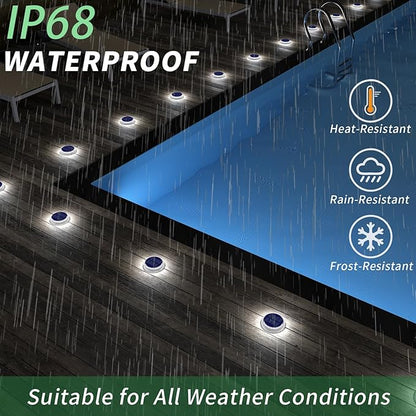 Solar Deck Lights Outdoor Waterproof, 6 Pack White Round Deck Lights Solar Powered, Flat Stick on Ground Disc Light for Outdoor Pathway Driveway Step Yard Dock Walkway Patio