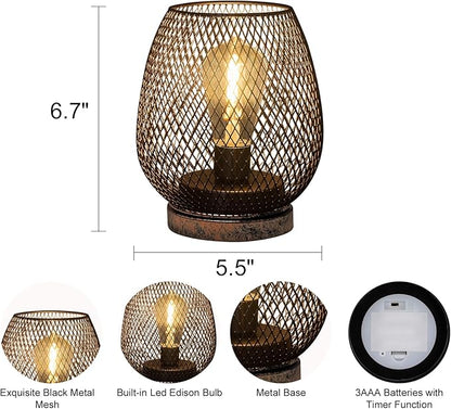2 Pack Battery Operated Lamp Outdoor Table Lantern,Metal Cage Cordless Lamps with LED Bulb for Weddings Parties Patio Events Indoor Outdoor Patio Bedroom Living Room(Bronze)