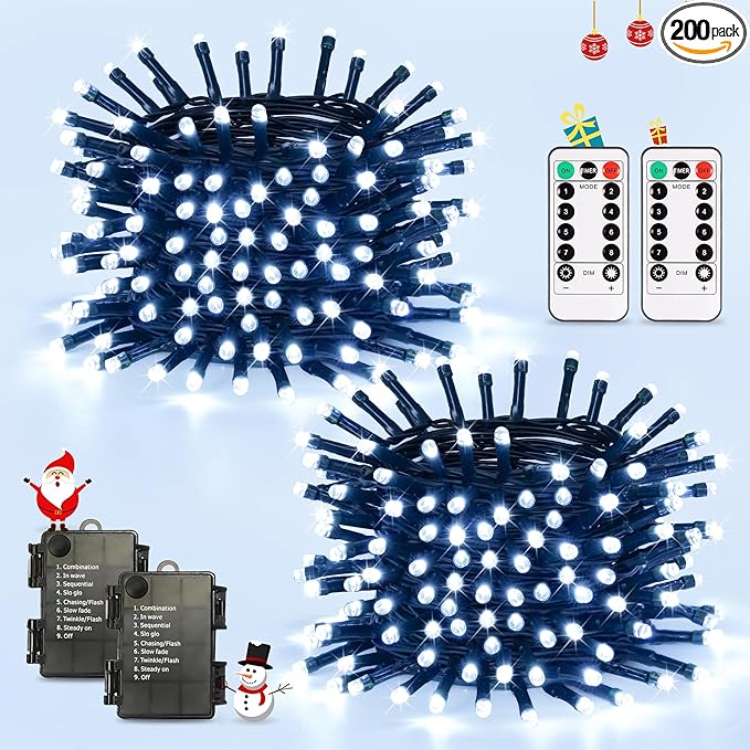 2-Pack 100 LED Christmas Twinkle Lights, 33ft Waterproof for Porch