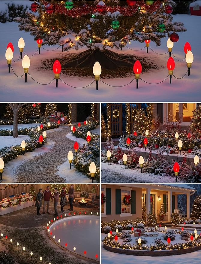 2 Pack Jumbo C9 Christmas Pathway Lights, 14FT Red & White LED Outdoor Path Lights, Waterproof Connectable Giant C9 Pathway Markers for Yard, Garden, Walkway, Christmas Decorations