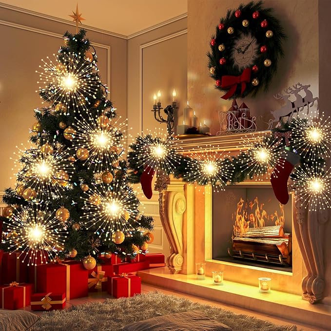 5 Pack Firework String Lights Christmas Light, 200 LED 8 Modes Hanging Starburst Lights for PartyGarden Decoration (Warm White)