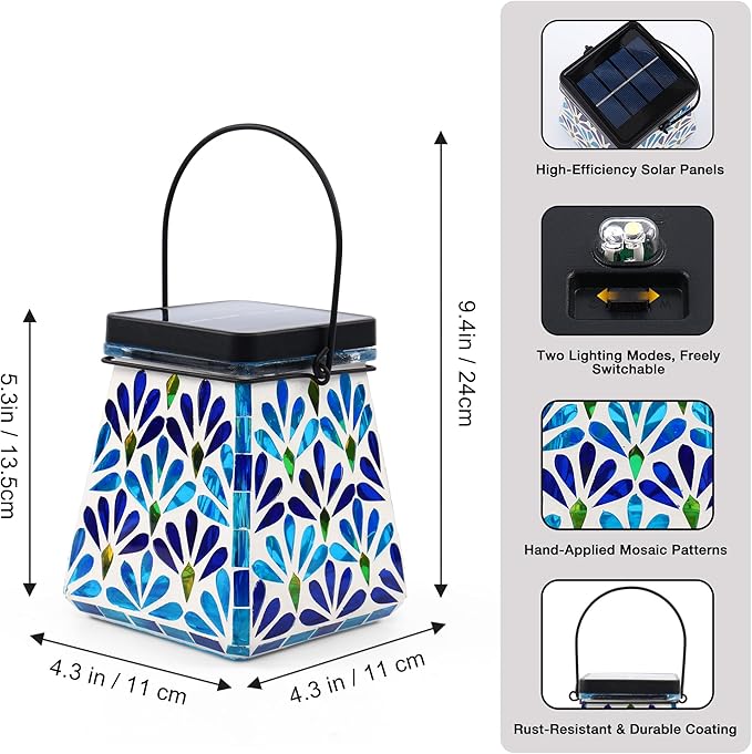 Classic Mosaic Solar Lanterns for Garden, Waterproof LED