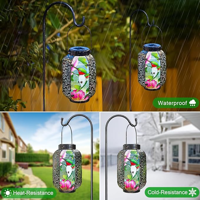 Hummingbird Solar Lantern Outdoor Hanging Lights – Waterproof Metal Garden Decor with Stained Glass, LED Solar Decorative Lamp for Patio, Yard, Porch, Pathway, Gardening Gifts for Mom, Grandma, Women