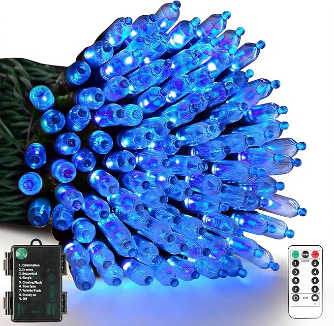 33Ft 100LED Blue Battery Operated Christmas Tree Lights 8 Modes String Lights Timer Indoor Outdoor for Christmas Halloween Holiday Party Bedroom Classroom Decoration