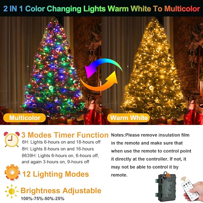 33ft 100 LED Warm White to Multicolor Battery Operated Christmas Tree Lights 8 Modes String Lights Indoor Outdoor for Christmas Tree Halloween Holiday Party Bedroom Classroom Decoration