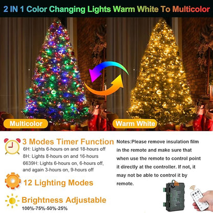 33ft 100 LED Warm White to Multicolor Battery Operated Christmas Tree Lights 8 Modes String Lights Indoor Outdoor for Christmas Tree Halloween Holiday Party Bedroom Classroom Decoration