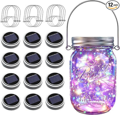 ZNYCYE Solar Mason Jar Lights, 12 Pack 30 LED Firefly Fairy String Lights, Waterproof Outdoor Solar Mason Jar Lid Lights with Hangers(NO Jars) for Patio Garden Yard Wedding Decoration - Multicolor