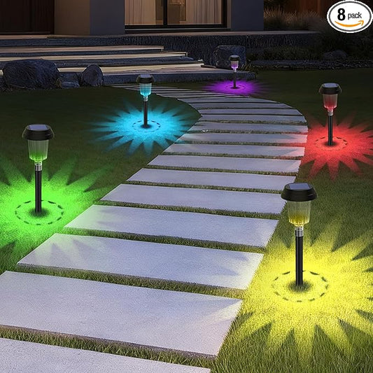 TECKNET 8 Pack Solar Powered Pathway Lights, Auto On/Off Color Changing Solar Stake Lights Outdoor with Warm White & RGB Colored, IP68 Waterproof Pathway Light Outdoor for Yard Walkway Lawn