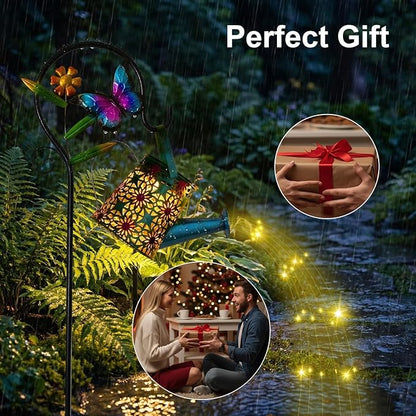 Solar Watering Can with Cascading Lights Outdoor Garden Decor,Waterproof Solar Lantern with Butterfly Shepherd Hook,Hanging Garden Lights for Outdoor Decoration,Unique Garden Gifts for Women