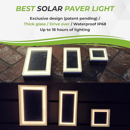 LUMENGY Solar Paver Light 6x9 inch (5.82x8.85), Stainless Steel with Tempered Glass, 2700K Warm White Glare-Free Lighting for Driveways, Walkways and Patios, IP67 Waterproof, Drive-Over Rated