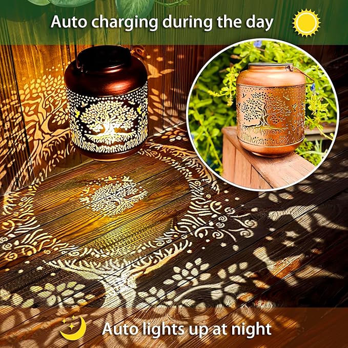 2 Pack Tree of Life Outdoor Solar Hanging Lanterns Waterproof LED Solar Lights Metal Decorative Lantern for Garden, Patio, Courtyard, Backyard, Yard Decor Unique Tree of Life Gifts for Women Gardening