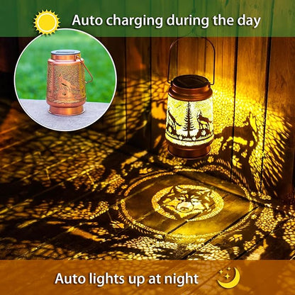 2 Pack Wolf Solar Lanterns Outdoor Waterproof Hanging Lights for Garden Decor, Yard, Patio, Lawn, Tabletop, Pathway, Landscape - Metal Decorative LED Lanterns, Gifts for Women Men