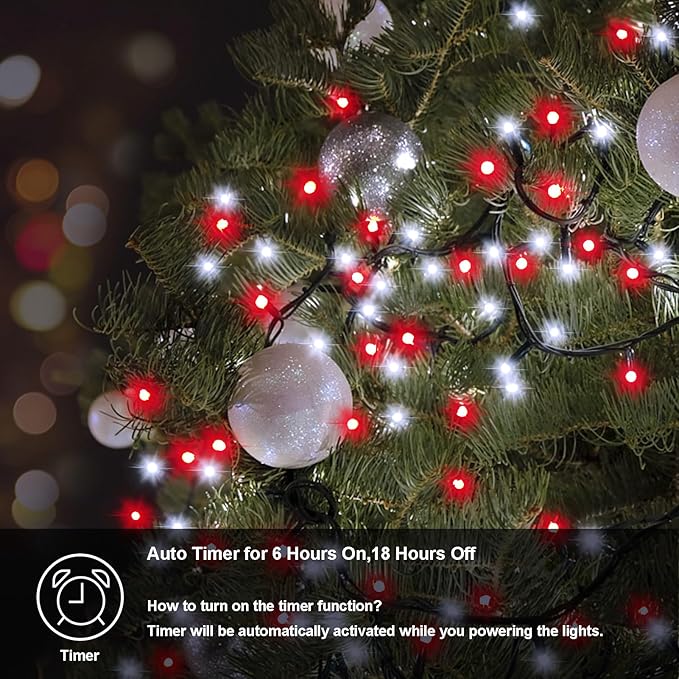4 Pack Red White Christmas Lights Battery Operated 16.4Ft 50 LED Wreath String Lights Auto Timer Candy Cane Battery String Lights 8 Modes Green Wire Xmas Decor for Christmas Tree Garland