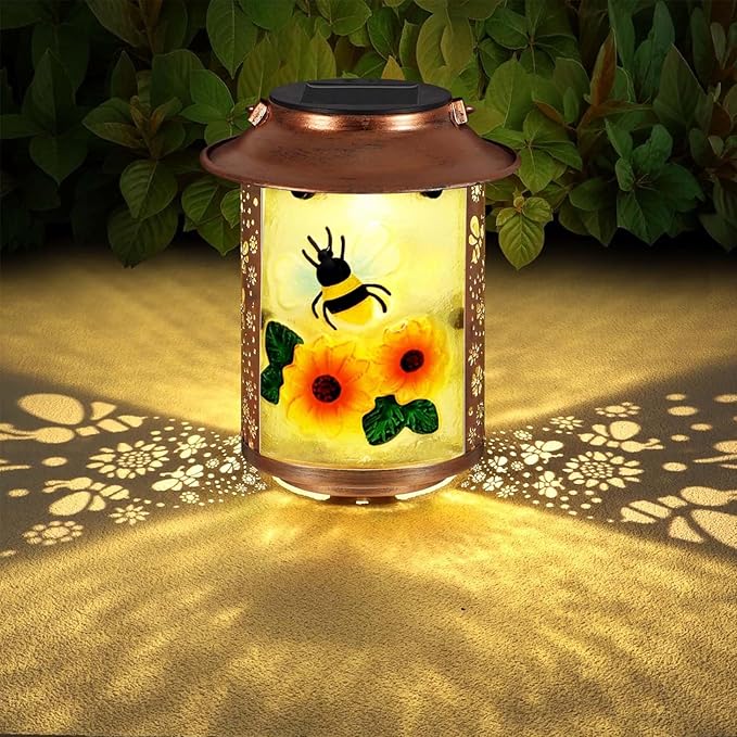 10" H Bee Solar Lanterns Outdoor, Metal Glass Hanging Solar Lanterns with Hollow Out Retro Bee Lights, Decorative for Garden Yard Patio Pathway Tabletop Gifts