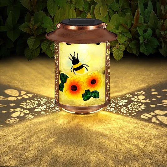 10" H Bee Solar Lanterns Outdoor, Metal Glass Hanging Solar Lanterns with Hollow Out Retro Bee Lights, Decorative for Garden Yard Patio Pathway Tabletop Gifts