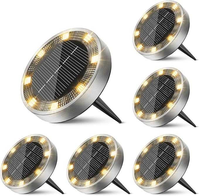 6 Pack Solar Ground Lights Outdoor, 8 LED Mini Flat Solar Disk Lights, IP65 Waterproof Anti-Rust Disc Light, Landscape Lighting for Garden Pathway Yard Walkway Driveway Lawn,Warm White