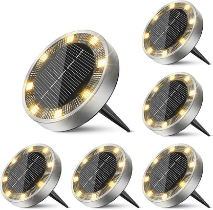 6 Pack Solar Ground Lights Outdoor, 8 LED Mini Flat Solar Disk Lights, IP65 Waterproof Anti-Rust Disc Light, Landscape Lighting for Garden Pathway Yard Walkway Driveway Lawn,Warm White