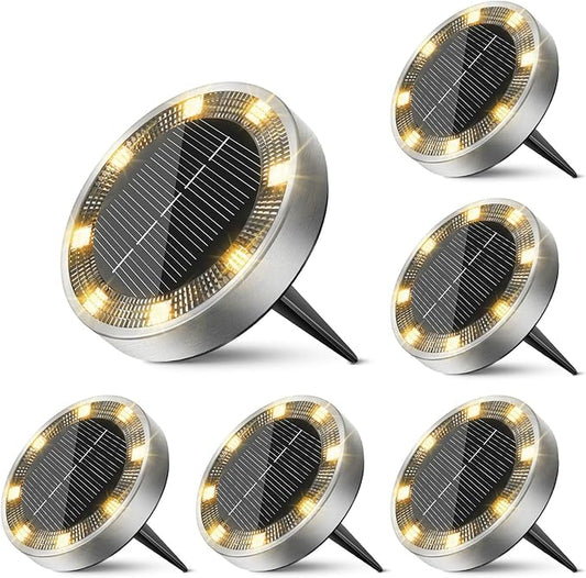 6 Pack Solar Ground Lights Outdoor, 8 LED Mini Flat Solar Disk Lights, IP65 Waterproof Anti-Rust Disc Light, Landscape Lighting for Garden Pathway Yard Walkway Driveway Lawn,Warm White