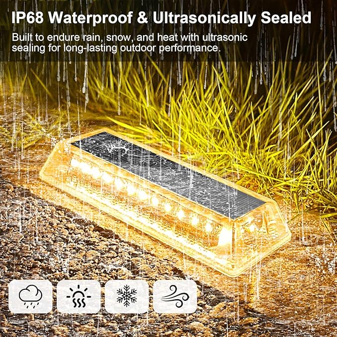 Lacasa Solar Deck Lights 4 Pack, Driveway Dock LED Light Solar Powered Outdoor Waterproof Road Markers for Step Sidewalk Stair Garden Ground Pathway Yard,Warm White