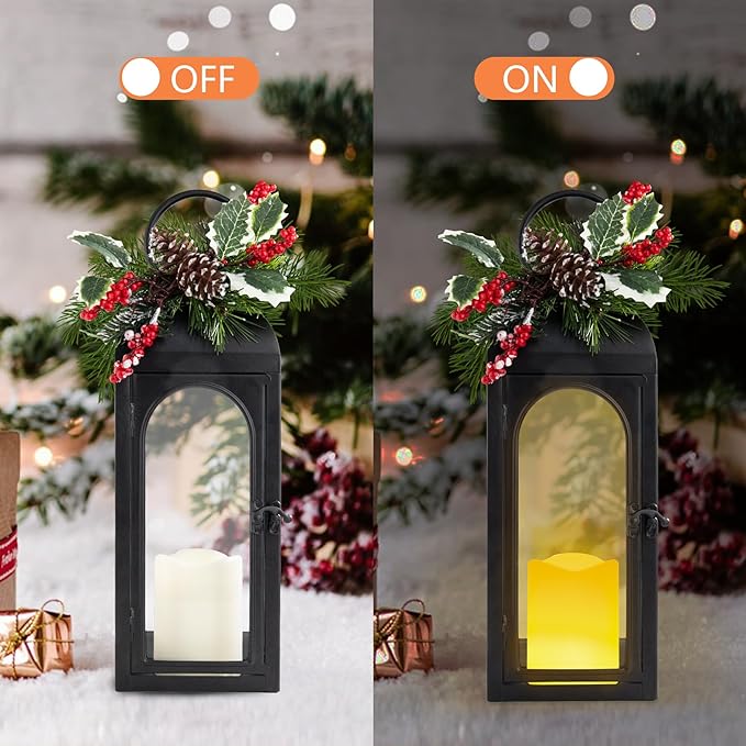 Decorative Candle Lanterns Outdoor Large 15.5“ Battery Powered Hanging Lanterns with Flameless Candle for Front Porch, Entrance, Indoor, Black, 1 Pack