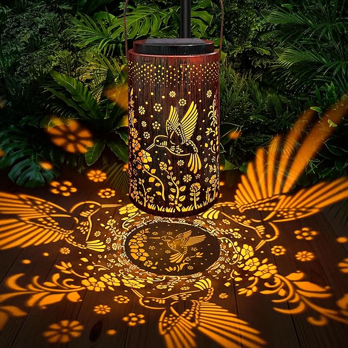 Solar Lanterns Outdoor Waterproof, 2 in 1 Amber & White Modes Upgraded, Bird Garden Decor Gifts for Women Mom Grandma, Metal Hanging Solar Lights Decoration for Yard Patio Porch Pathway, 1 Pack