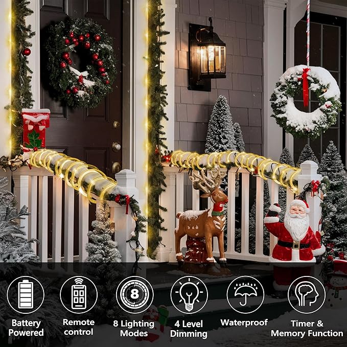 Jnaurb 2-Pack Battery Operated Rope Lights for Outside, Total 66FT 200LED 8 Modes Battery Operated String Lights, Waterproof Christmas Fairy Light with Remote for Outdoor Indoor Xmas Decor -Warm White
