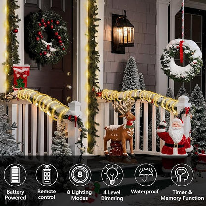 Jnaurb Battery Operated Rope Lights for Outside, 33FT 100LED 8 Modes Battery Operated String Lights, Waterproof Christmas Fairy Light with Remote for Outdoor Indoor Patio Xmas Party Decor - Warm White