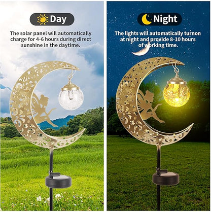 Solar Lights Outdoor Waterproof Fairy Moon Crackle Glass Lights with Metal Angel Decor for Walkway Yard Patio or Garden Gifts for Mom Grandma Friends