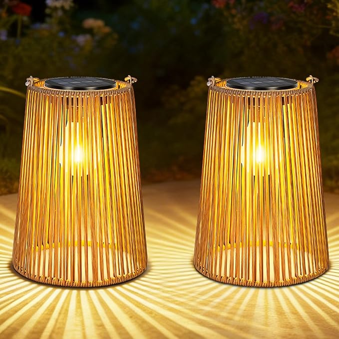 2 Pack Solar Lanterns Outdoor Waterproof, Hanging Rattan Woven Solar Lights with Auto On/Off, Decorative Gifts for Garden, Yard, Patio, Tree, Porch, Lawn, Pathway & Outside Tabletop Decor