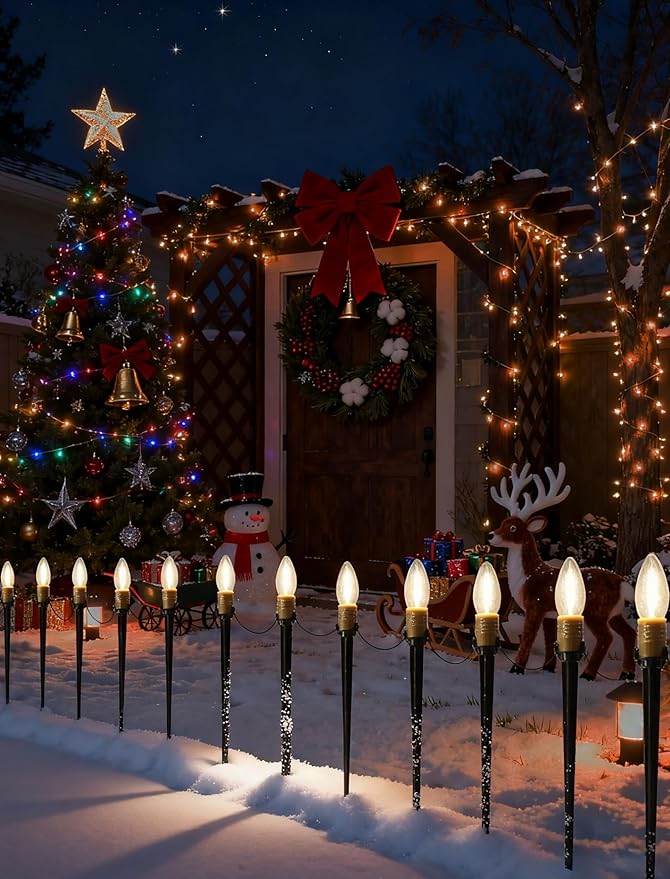 25-Pack Christmas Pathway Lights Outdoor, 38.5ft Connectable C26 Christmas Yard Stakes, Waterproof Walkway Christmas Decorations Outdoor for Holiday, Lawn, Patio, Garden Display