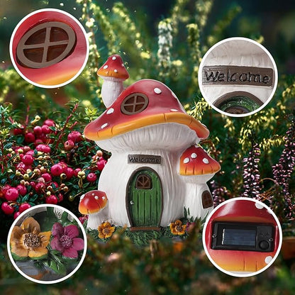 Mushroom House Garden Statue Outdoor, Solar Light Mushroom House Garden Figurines for Lawn, Balcony, Yard Decoration, Outdoor Garden Decoration