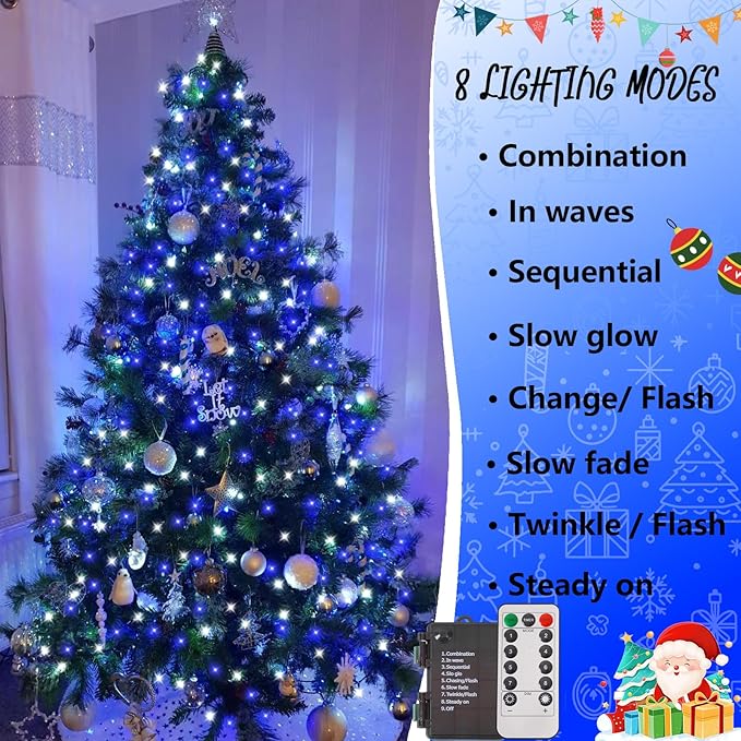 YEGUO Christmas Lights Battery Operated, 2 Pack Each 33ft 100 LED Blue and White String Lights Outdoor Waterproof, 8 Modes Green Wire Fairy Light Indoor with Remote