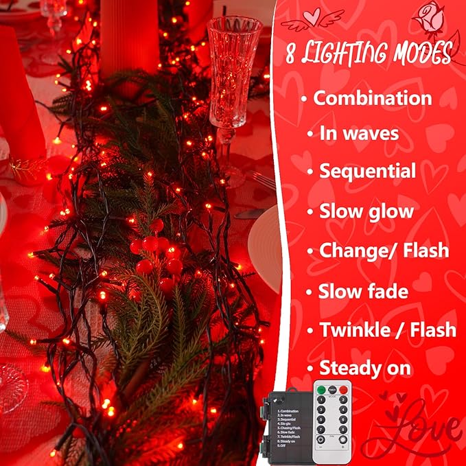 YEGUO Valentine’s Day String Lights Battery Operated, 2 Pack Each 33ft 100 LED Red Christmas Lights Outdoor Waterproof, Green Wire Fairy Light Indoor with Remote
