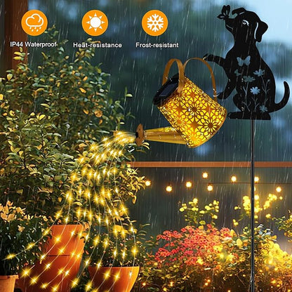 Christma Gifts Solar Lights Outdoor Decorative, Watering Can with Cascading Lights, with Dog Silhouette Garden Stakes, Gifts for Mom Women, Waterproof Metal Garden Decor for Yard Art, Outside(1 Pack)