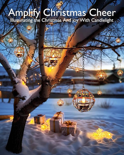 Homemory Solar Tea Lights Outdoor Waterproof Hanging Lanterns, Beaded Copper Wire Ball Holders with Solar Powered Tea Lights Candles, Ideal for Patio, Garden, Backyard, Pergola, Tree, Fence, 4-Pack