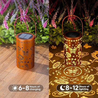 Solar Lanterns Outdoor Waterproof - Decorative Shadow Lantern with Sunflower Butterfly Pattern Design for Garden Patio Yard, Womens Gifts for Homeowners and Couples - 2 Pack