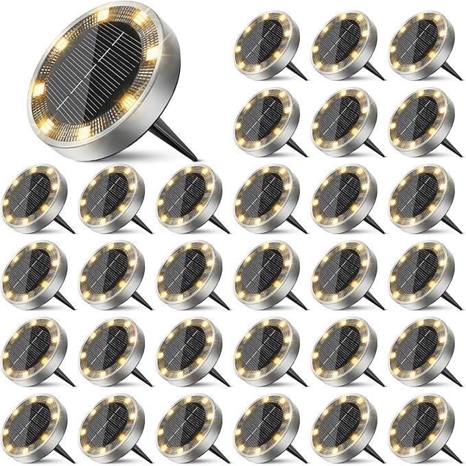 30-Pack Warm White Flat Solar Garden Lights, Waterproof LED