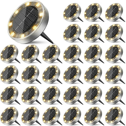30 Pack Solar Ground Lights Outdoor, 8 LED Mini Flat Solar Disk Lights, IP65 Waterproof Anti-Rust Disc Light, Landscape Lighting for Garden Pathway Yard Walkway Driveway Lawn,Warm White